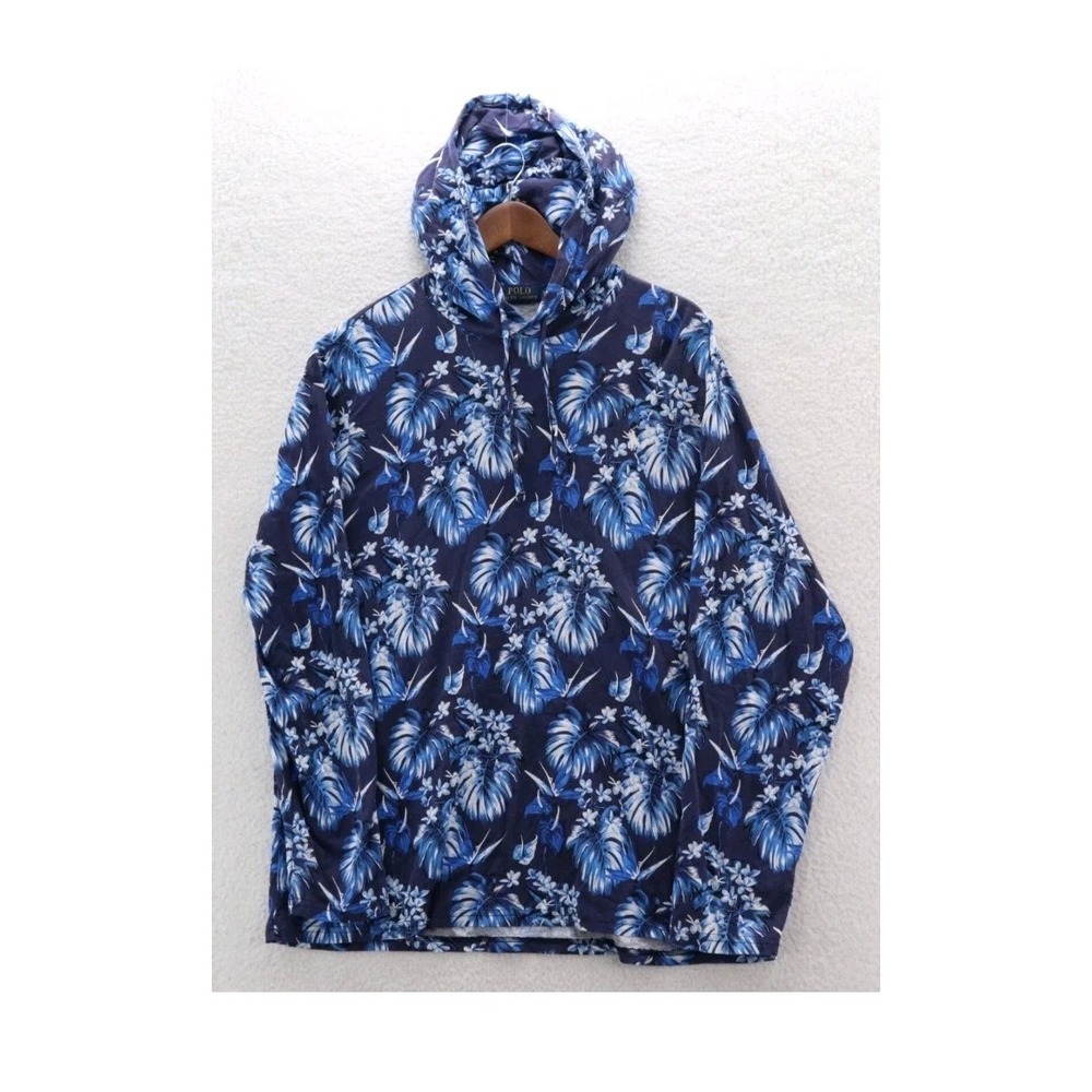Polo Ralph Lauren Mens Medium‎ Blue White Floral Hoodie Hawaiian Preppy Beach
